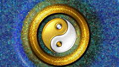 Tietokonemosaiikkina toteutettu sinikeltainen jin ja jang -symboli.
