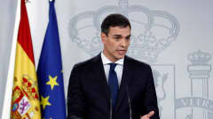 Espanjan pääministeri Pedro Sanchez puhuu, taustalla on Espanjan ja EU:n lippu.