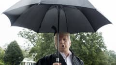 Yhdysvaltain presidentti Donald Trump puhuu sateenvarjon alta.