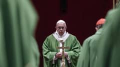 Paavi Franciscus puhumassa lapsien hyväksikäyttöä koskeneen kokouksen päätöstilaisuudessa. 