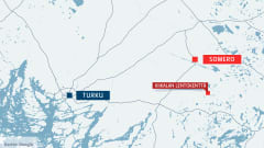 Kartta, jossa Turun, Someron ja Kiikalan lentokentän sijainnit.