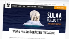 Kuvakaappaus WWF:n nettisivuilta, valokuvassa jääkarhuja pienellä lautalla