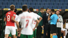 Gareth Southgate ja erotuomari keskustelevat Bulgaria-Englanti-ottelussa
