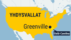 Yhdysvaltojen kartta, joka kertoo Greenvillen kaupungin ja Etelä-Carolinan osavaltion sijainnit. Ne sijaitsevat Yhdysvaltojen itärannikolla.