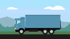 Animaatio, jossa sininen rekka-auto ajaa kuvassa vasemmalle päin. Takana on pilviä ja vuorimaisemaa. Tieviitta merkinnällä E18 vilahtaa rekan jatkaessa maatkaansa kohti määränpäätään.