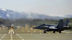 Suomen ilmavoimien F/A-18 Hornet-pari startissa Bodön tukikohdassa Norjassa