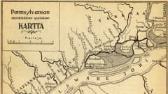 Pennsylvanian ensimmäisen asutuksen kartta 1923 I.K. Inhan teoksesta Maantiede ja löytöretket III.
