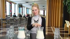 nainen pöydässä, jossa kaksi kannua maitoa