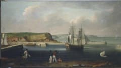 Öljymaalaus purjealuksesta lähdössä kalliorannasta merelle. Rannalla ihmisiä 1700-luvun asuissa. 