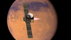 Havainnekuva Marsia lähestyvästä Euroopan ja Venäjän luotaimesta ja siitä irtautuvasta Schiaparelli-laskeutujasta