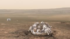 Piirroskuva metallisesta laskeutujasta ja sen laskuvarjosta Marsin kivisellä tasangolla.