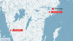 Ruotsin kartta, johon on merkitty Tukholma, Södertälje ja Göteborg. 