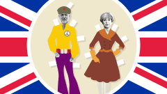 Paperinukkepiirros, jossa Theresa May on pukeutunut 50-luvun tyyliin ja Jeremy Corbyn on pukeutunut 70-luvun tyyliin.