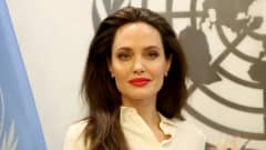 Angelina Jolie puolilähikuvassa, taustalla YK:n logo.