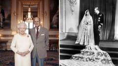 Kuningatar Elisabetin ja prinssi Philipin virallinen hääpäiväpotretti sekä hääkuva vuodelta 1947.
