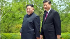 Kim Jong-un ja Xi Jinping kävelevät vihreässä puistomaisessa maisemassa.