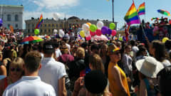 Ihmiset juhlivat Pride-kulkuetta.
