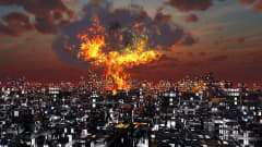 Tietokoneella piirretty kaupunki ja sen keskellä ylinräjähdyksen tulinen sienipilvi. 