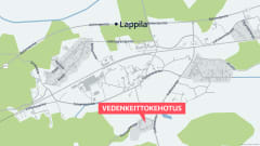 Karttakuva, jolle merkitty Lappila ja Kuoppalanmäellä sijaitseva alue, jolla vedenkeittokehotus.