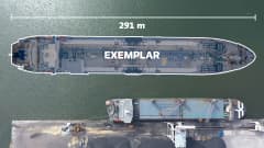 Grafiikka näyttää, miltä LNG-terminaalilaiva Exemplar näyttäisi Fortumin satamassa Inkoossa.