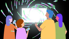 Kuvituskuva perheestä joka on katsomassa televisiota josta pyörii ulos useita värinauhoja.