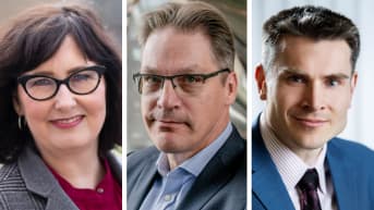 Kolmen kuvan kooste. Kuvissa EK:n Janica Ylikarjula, Varman Risto Murto ja Nordean Jan von Gerich. He kaikki katsovat suoraan ja hymyilevät.