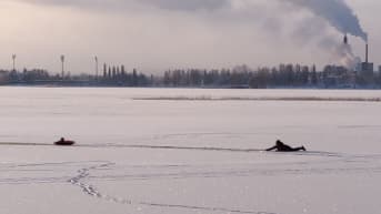 Jäihin pudonnutta miestä pelastetaan Kuopiossa Kallavedellä.