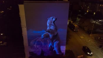 Sveitsiläisen Onurin jääkarhu Ilmarisenkatu 7-9:ssä näyttää hurjemmalta pimeällä uv-valossa.
