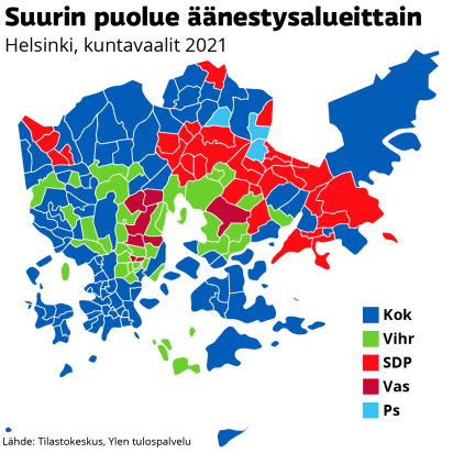 Näin Helsingissä äänestettiin: Katso kuvista, miten alueiden värisuora  muuttui viime vaaleista – roimasti lisää sinistä, hieman myös punaista