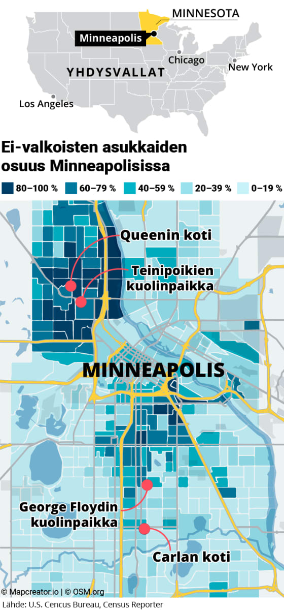 Minneapolis, Yhdysvallat, Karttagrafiikka kaupungin ei-valkoisten asuinaluieista