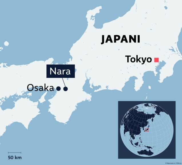 Kartalle merkattu Naran kaupunki Japanissa sekä iso kaupunki Osaka ja pääkaupunki Tokio.