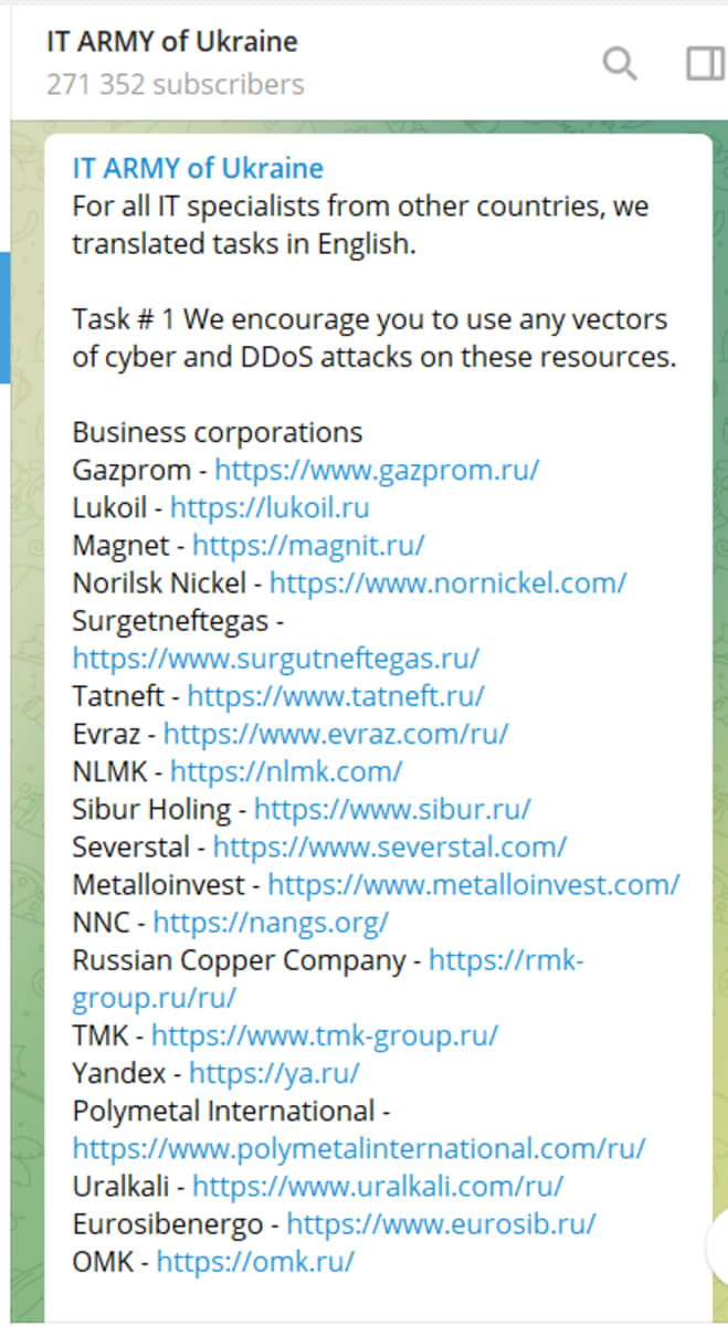 Kuvakaappaus IT army for Ukraine -Telegram-ryhmästä 2.3.2022