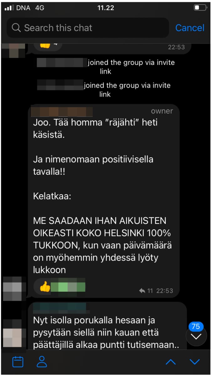 Kuvakaappaus Convoy-mielenosoitusta suunnitelleesta Telegram-ryhmästä.
