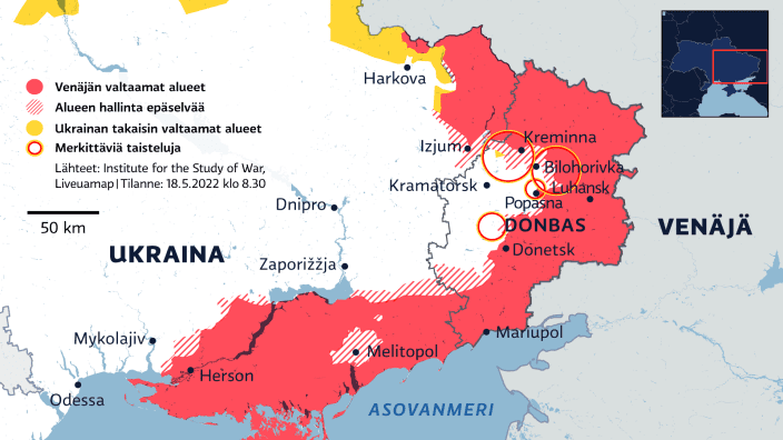 Kartalla Venäjän valtaamat alueet Itä-Ukrainassa 18.5.2022.
