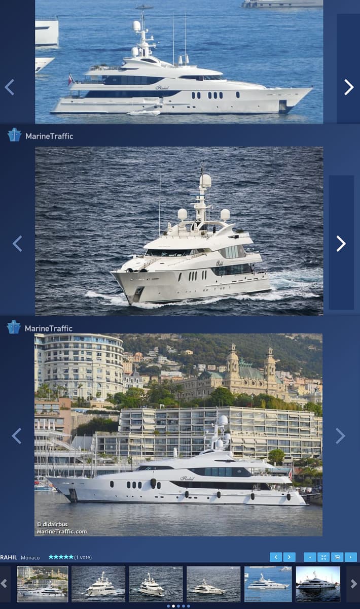 Kuvakaappaukset Rahil-jahdista Marine Traffic-sivustolta. Kolme valokuvaa.