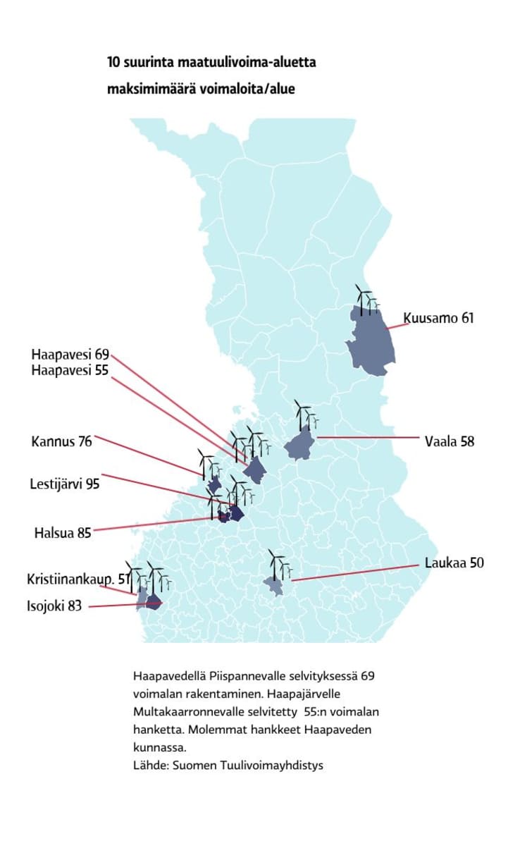 Suomeen on suunnitteilla ennätysmäärä tuulivoimaloita – Katso kartasta,  onko sinunkin mökkisi lähelle nousemassa iso tuulivoimapuisto