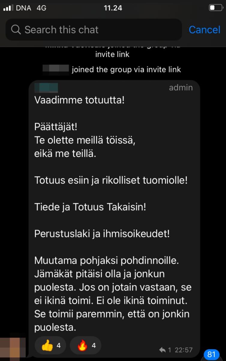 Kuvakaappaus on Convoy-mielenosoitusta suunnitelleesta Telegram-ryhmästä.