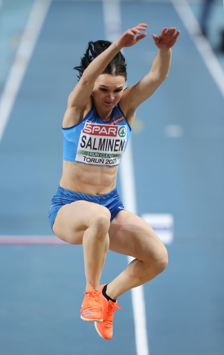Senni Salminen of Finland competes in the qualification round of Women's Triple Jump during the first session on Day 2 of European Athletics Indoor Championships at Arena Torun on March 06, 2021 in Torun, Poland. 