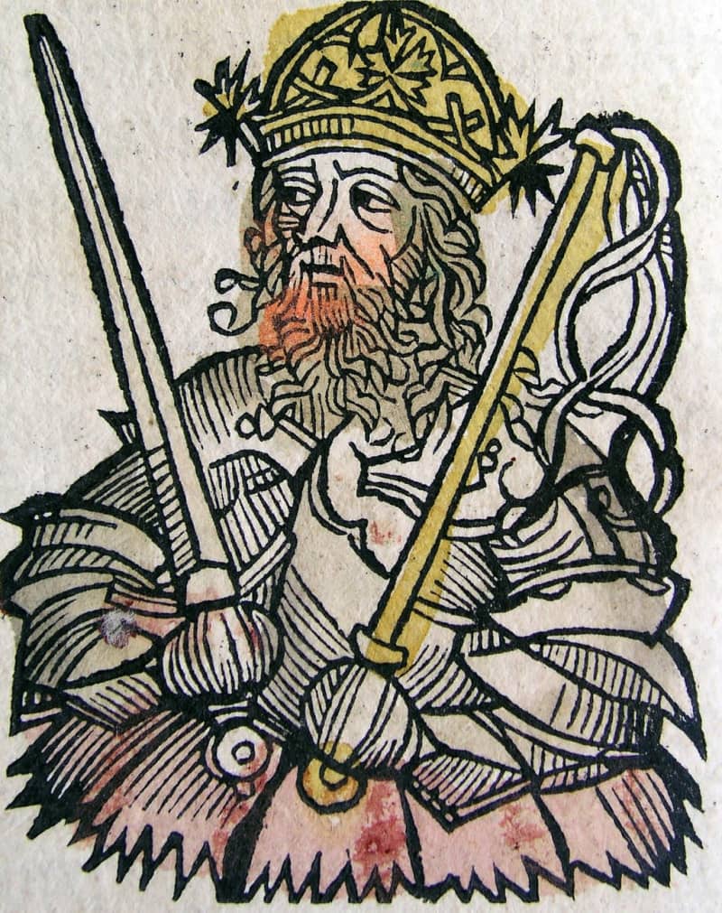 Woodcut of crowned Attila holding sword and whip.