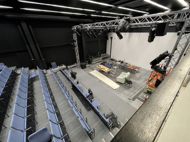 The stage and auditorium of the theater under renovation, photographed from above.