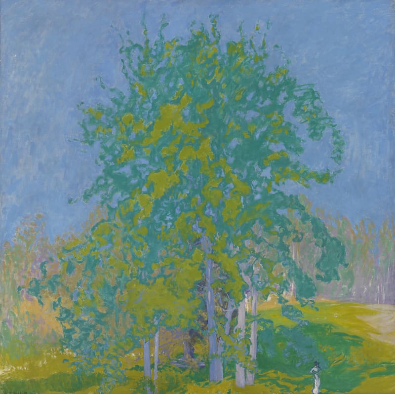 Trees and sky in the painting.  Shades of green and blue.  A small female figure under the tree,
