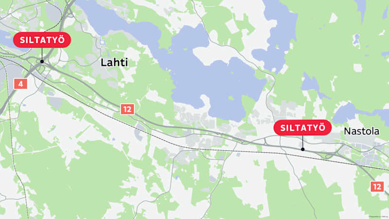 Карта, позначена Лахті, Настола, Шосе 4 та Шосе 12.