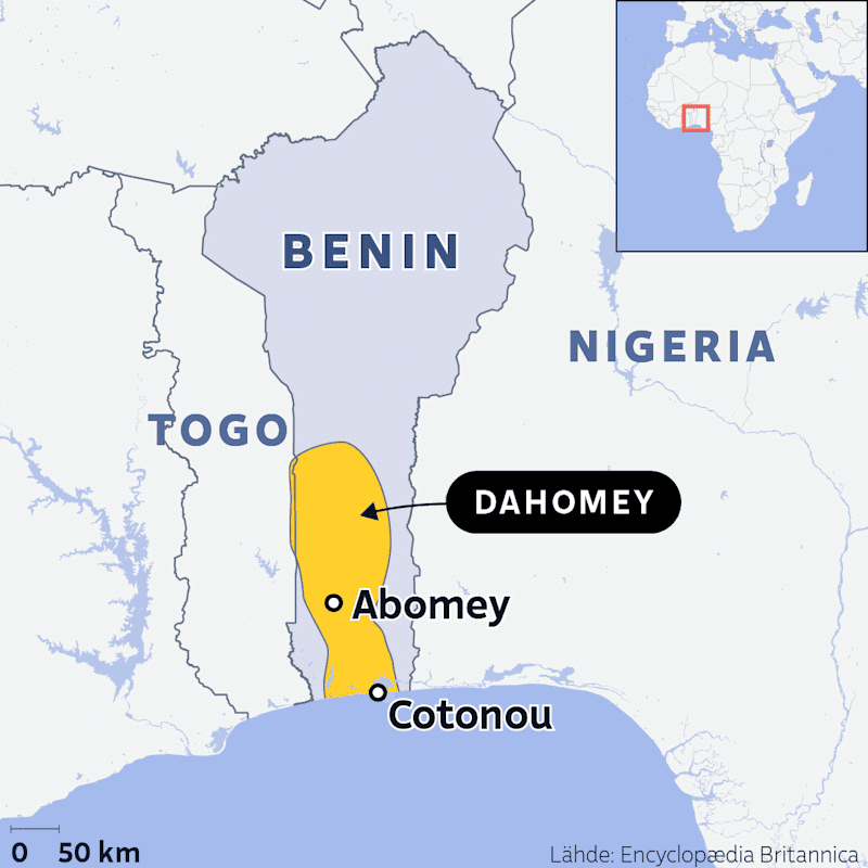 On the map, the ancient Kingdom of Dahomey's state of the current Benin state.