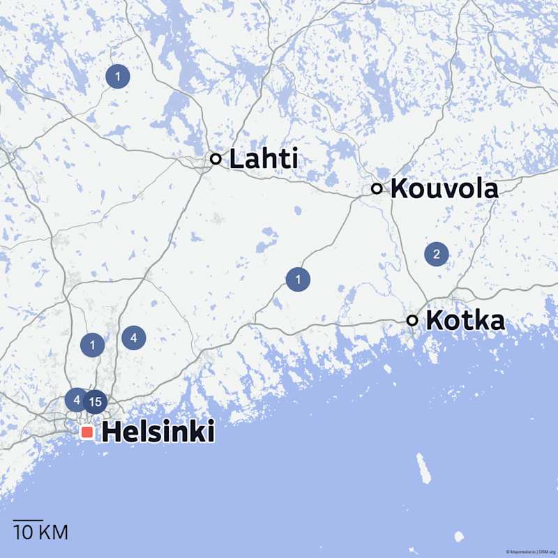 Röyhelökäävä's observations in map graphics.  Twenty or so near Helsinki and a few sightings in Kymenlaakso.