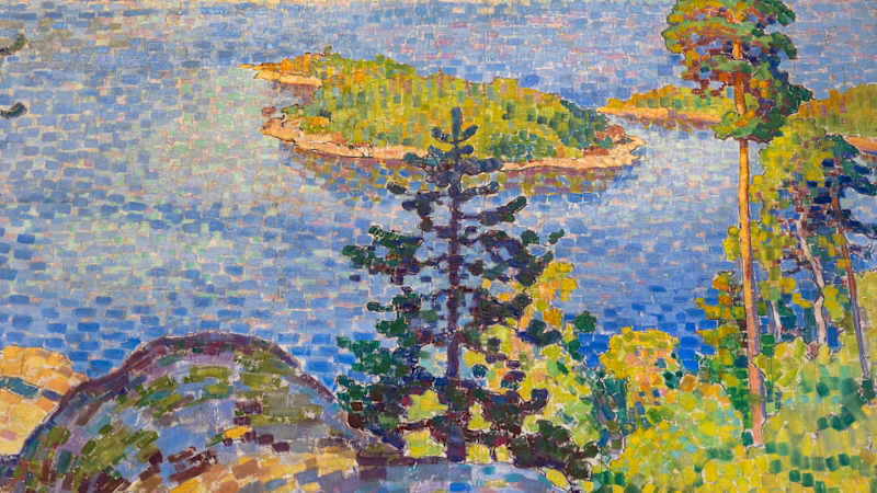 Forest and lake landscape as a painting.