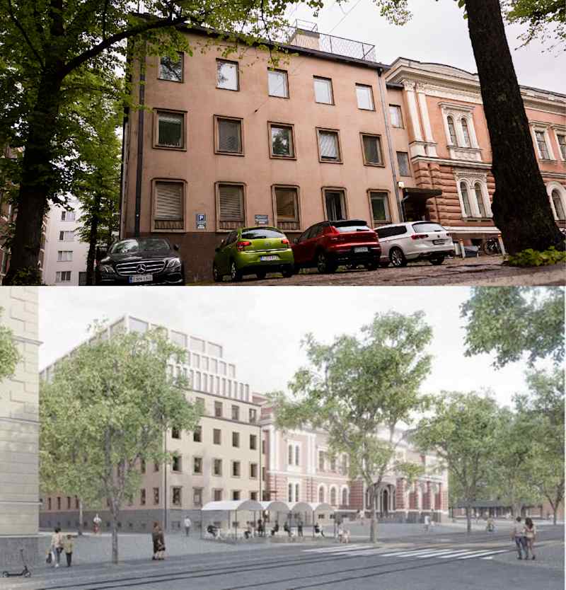 The upper picture shows a light brown 1950s apartment building.  In the Alama, the same house and the older house attached to it are visible farther and three white, staggered layers are illustrated on the roof of the brown house.