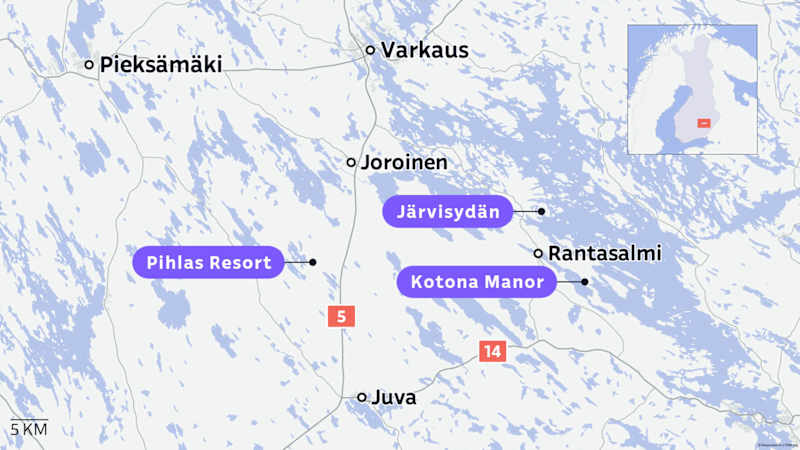 Carthen graphics marked with the locations of the Pihlas Resort, Lake Heart and Manor at home.