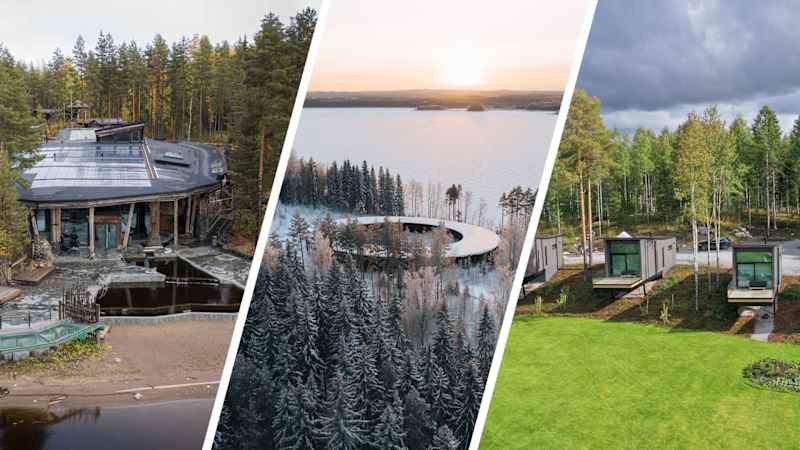 Three -picture photo combos with a spa of the lake heart, at home Manor's main building and Pihlasresort cottages.