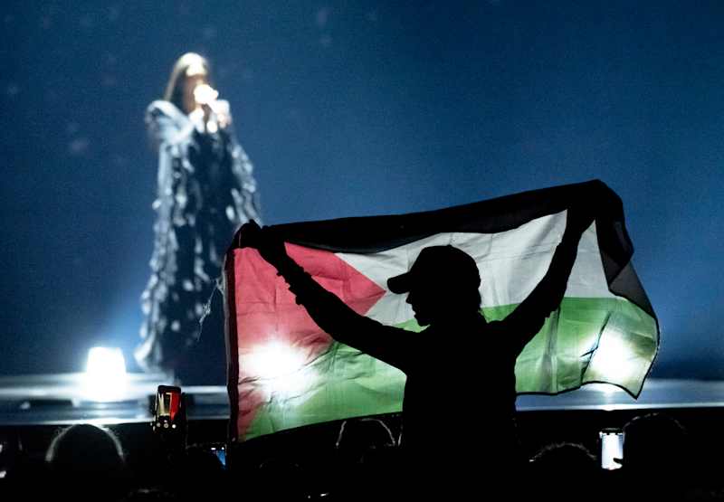 The person holds the Palestinian flag in the audience while the singer performs on stage.