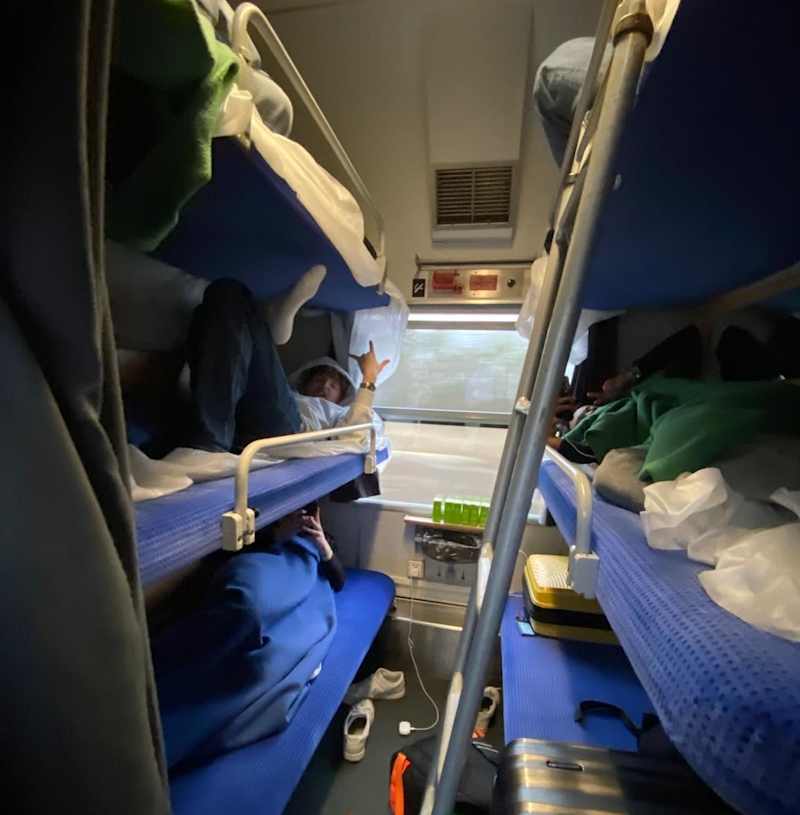 Seinäjoki High School students on their way to the French Amiens in the spring of 2025, a resting moment of the train sleeping.